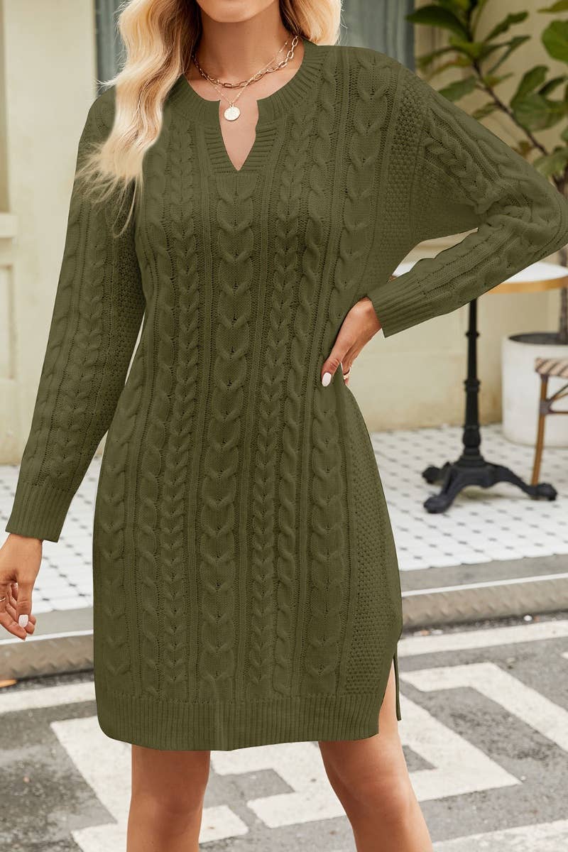 CWDTD0385_SOLID COLOR V-NECK LONG-SLEEVED SWEATER DRESS