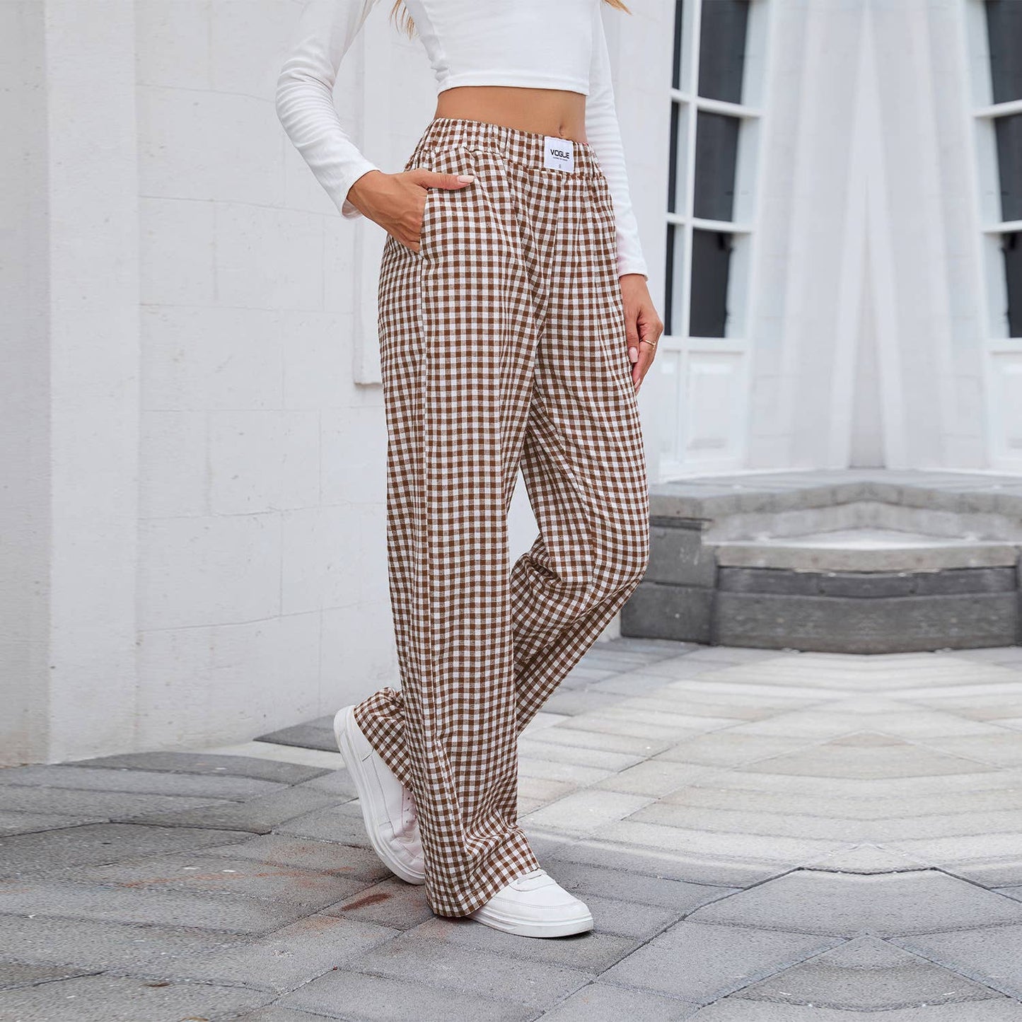 Pure cotton checkered casual loose trousers