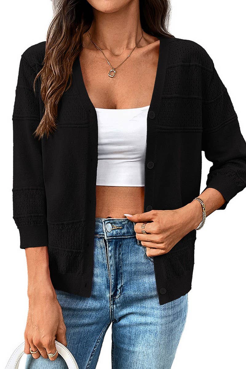 CWOCAL2303_THREE-QUARTER SLEEVE HOLLOW KNIT V-NECK CARDIGAN