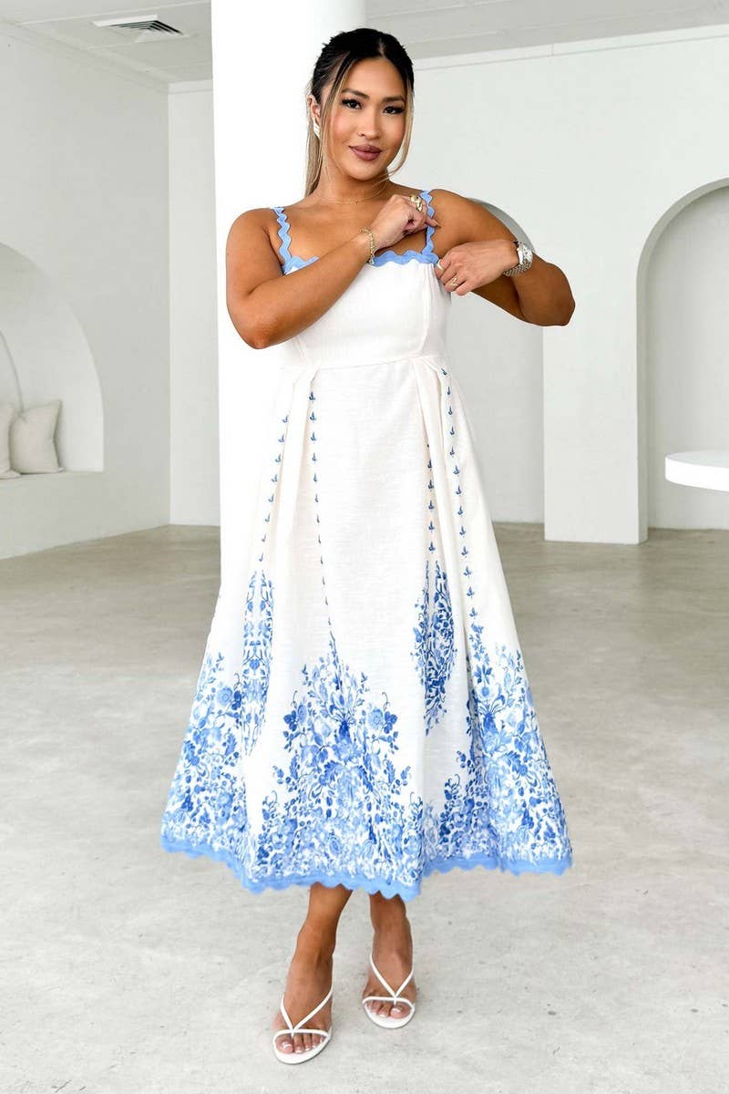 CWDMD5569_PRINTED RUFFLE HEM BACKLESS TIE STRAP DRESS