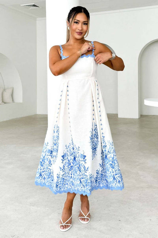 CWDMD5569_PRINTED RUFFLE HEM BACKLESS TIE STRAP DRESS