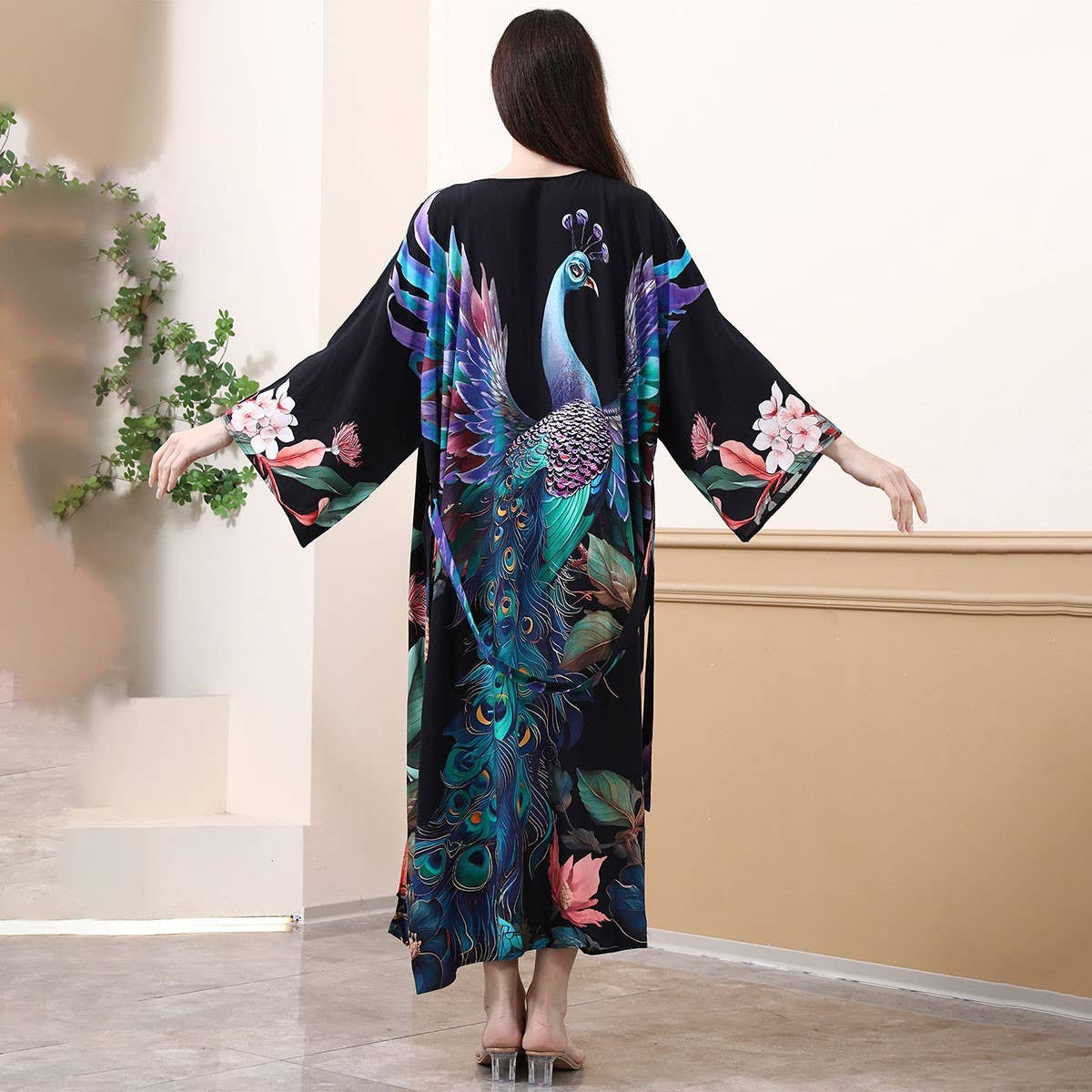 Peacock Floral Print Beach Cover-Up for Bikini_CWMM6304