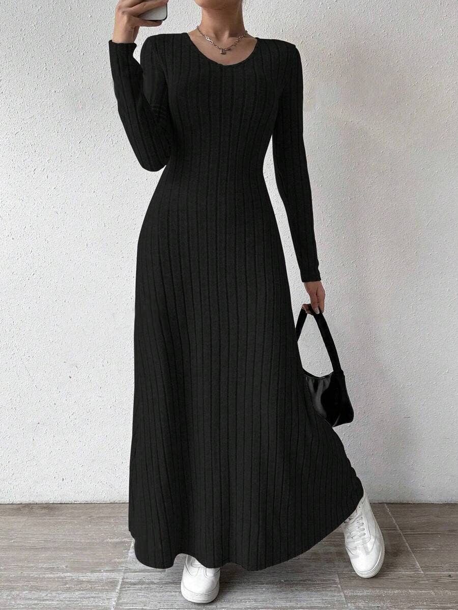 Knitted solid-color long-sleeved A-line dress
