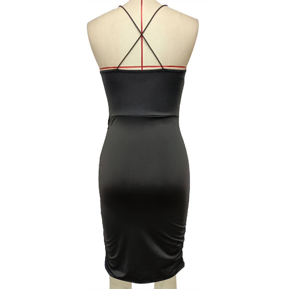 SPLICED SOLID COLOR CROSS STRAP FISHBONE DRESS