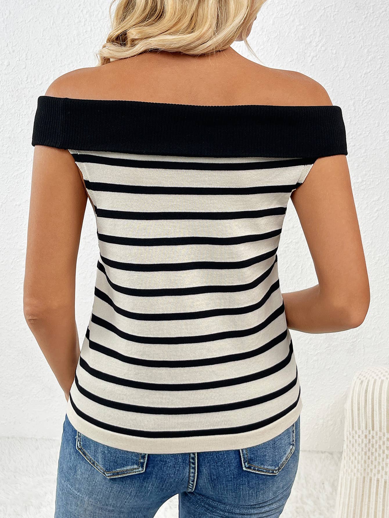 Stylish striped off-the-shoulder pullover sweater