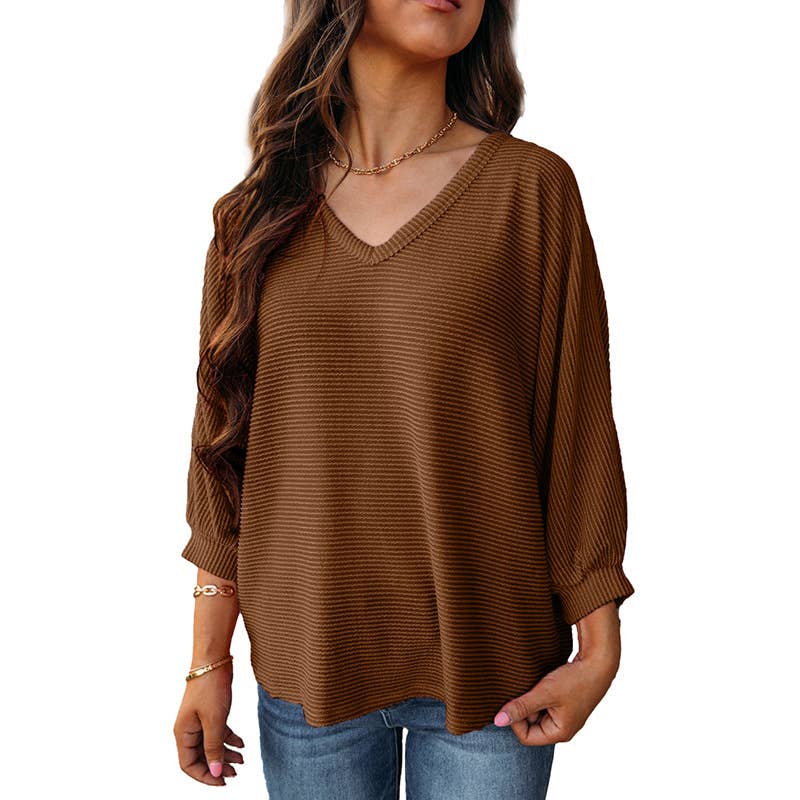 SOLID COLOR V-NECK CASUAL LOOSE KNIT PULLOVER