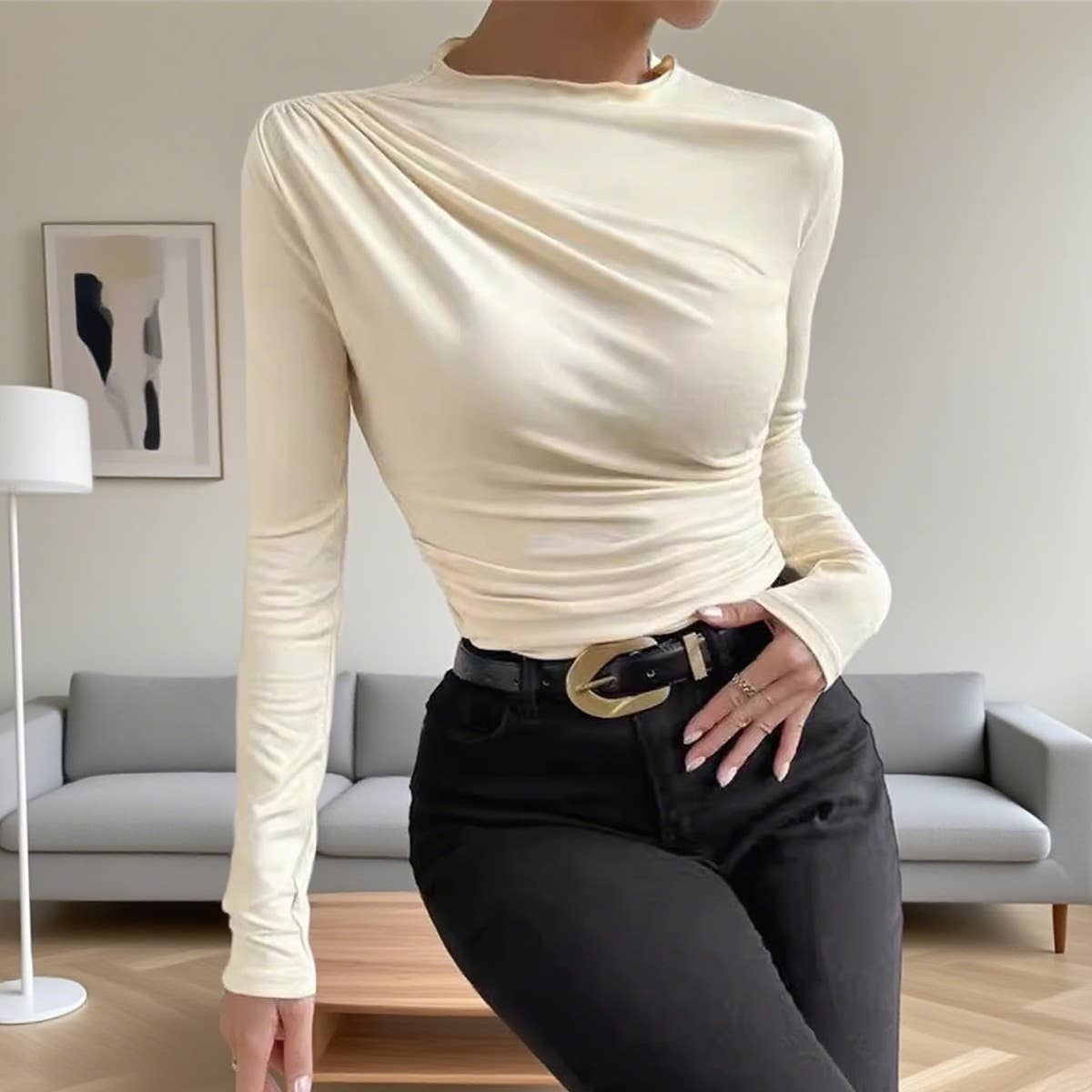 Ruching design feeling pure color T-shirt