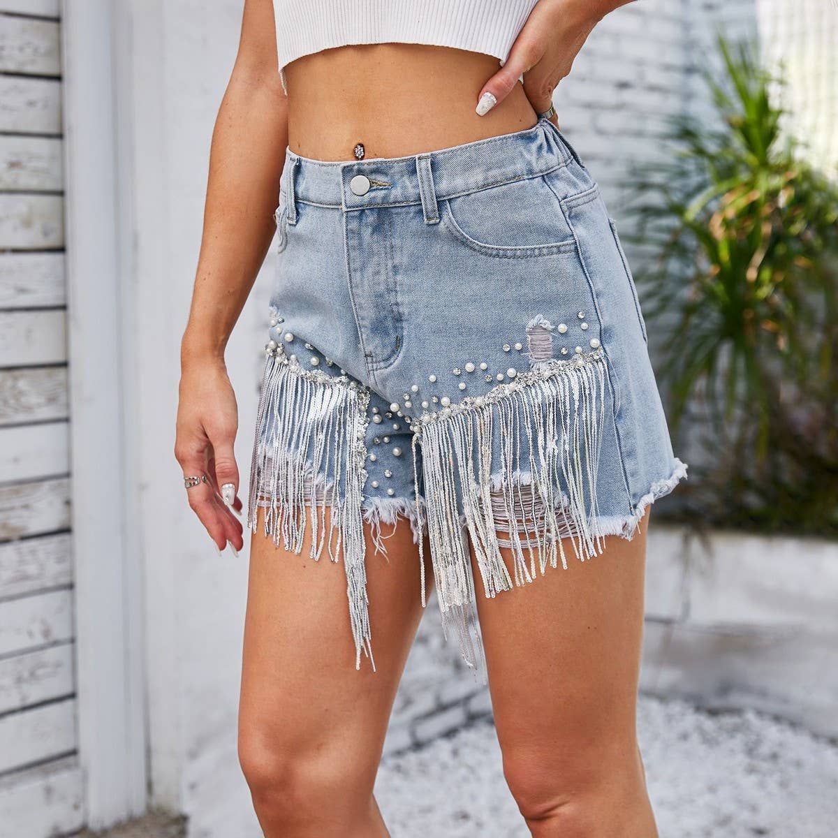 WASHED DIAMOND BEADED DENIM SHORTS FRINGE HOT PANTS