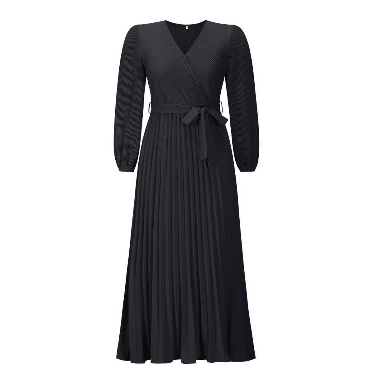 V-neck long sleeve pleated A-line long dress