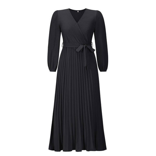 V-neck long sleeve pleated A-line long dress