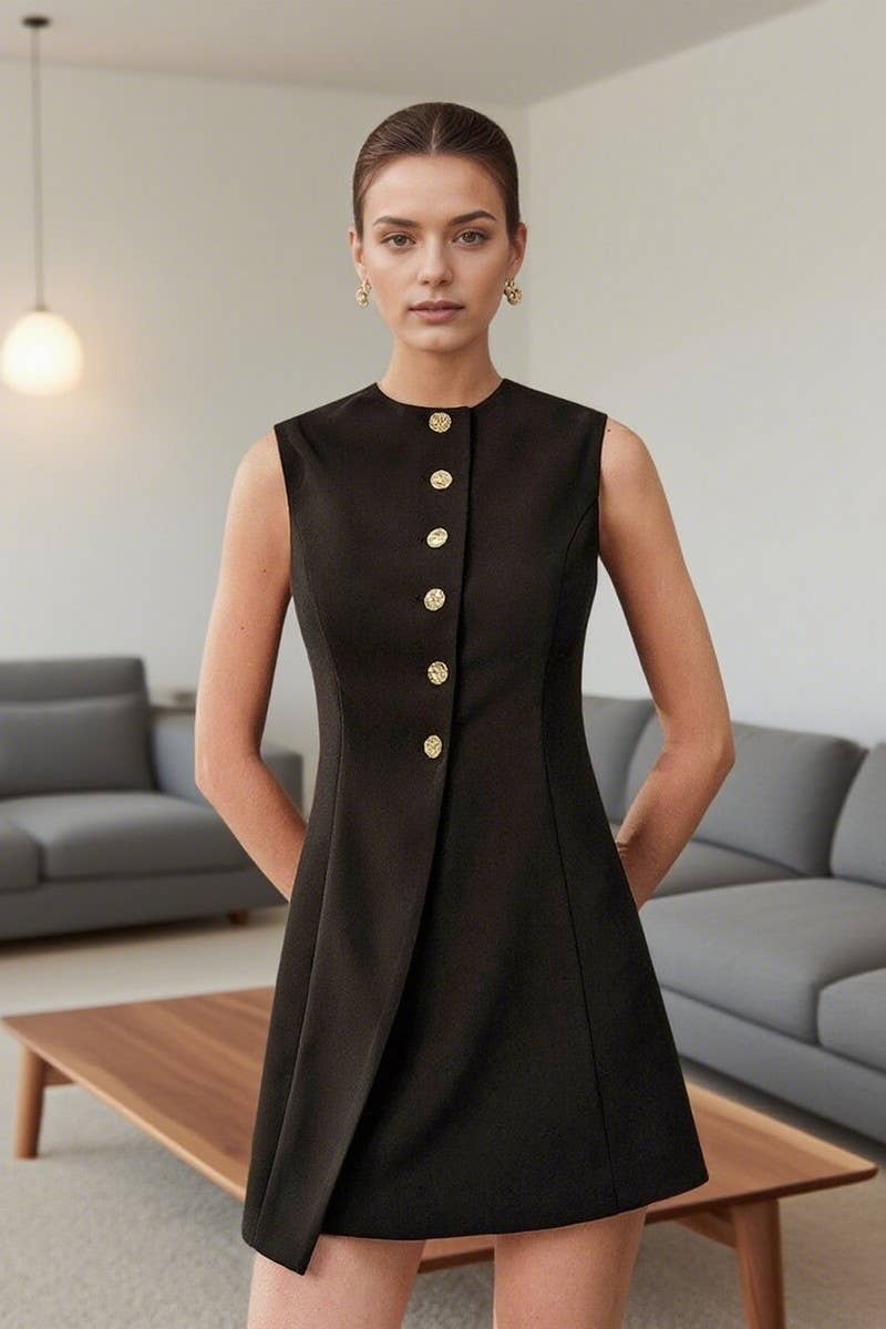 CWDSD8887_ASYMMETRIC TIE METAL BUTTON SLEEVELESS MINI DRESS