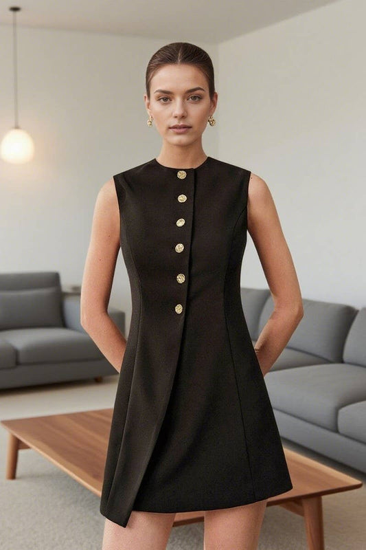 CWDSD8887_ASYMMETRIC TIE METAL BUTTON SLEEVELESS MINI DRESS
