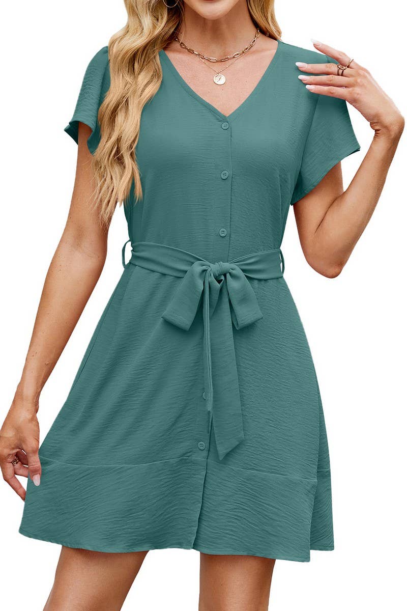 CWDSD8713_V-NECK BELTED BUTTON FRONT SHORT SLEEVE DRESS