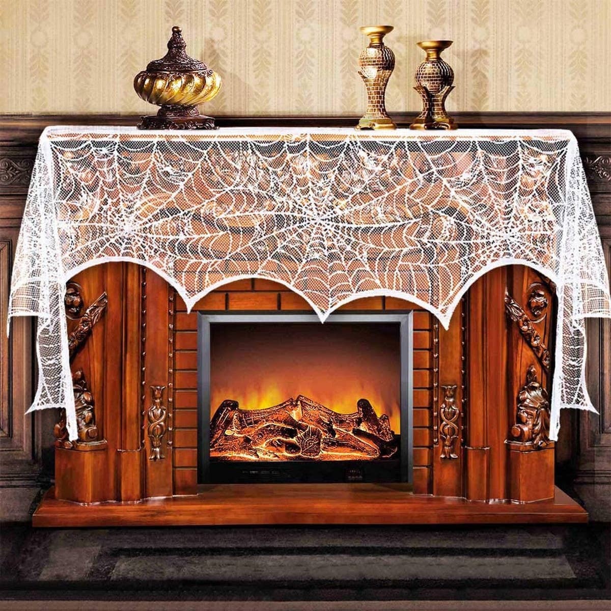 HALLOWEEN FIREPLACE LACE SKULL TABLE RUNNER