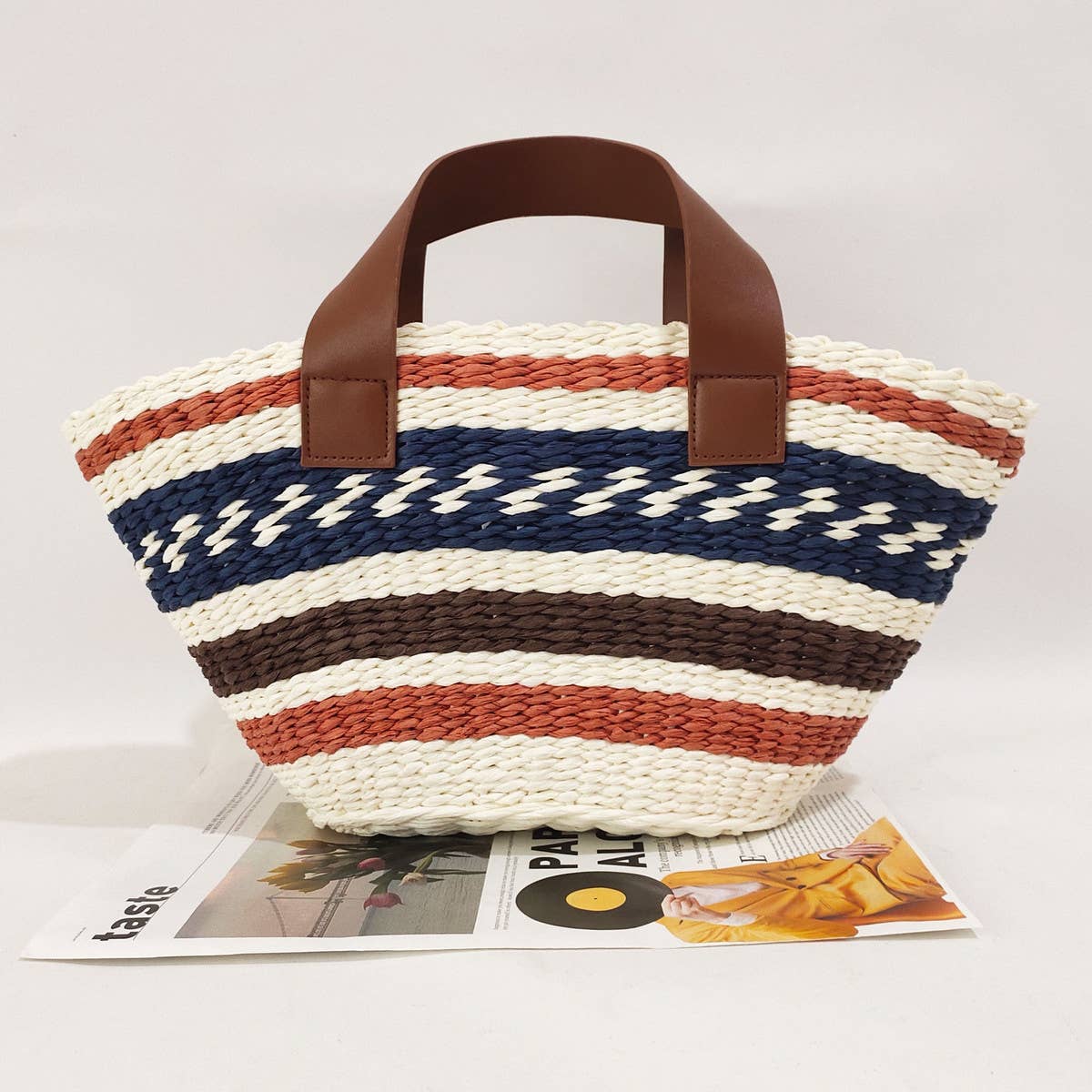 LARGE CAPACITY CONTRAST STRIPED WOVEN BAG_CWAB1973