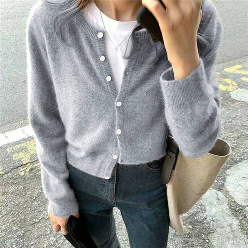 Simple and basic solid-color woolen cardigan