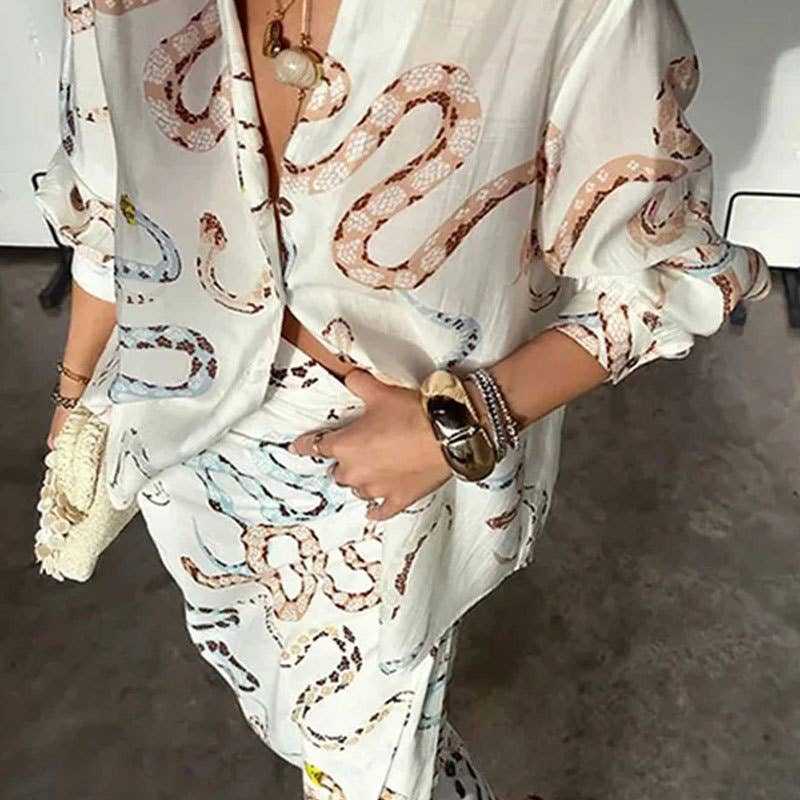 SNAKE PRINT SHIRT SLIT SKIRT LOOSE SUIT