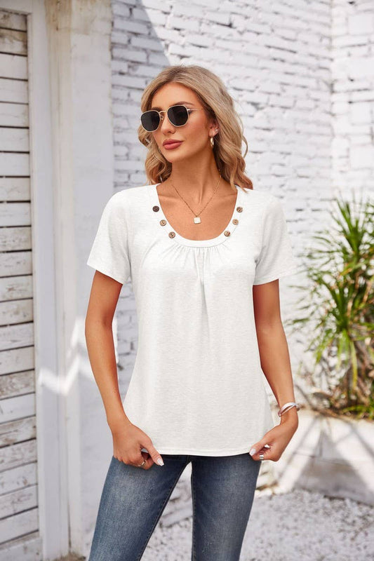 Cwtts00718_Summer New Short-Sleeved T-Shirt Button U-Neck To