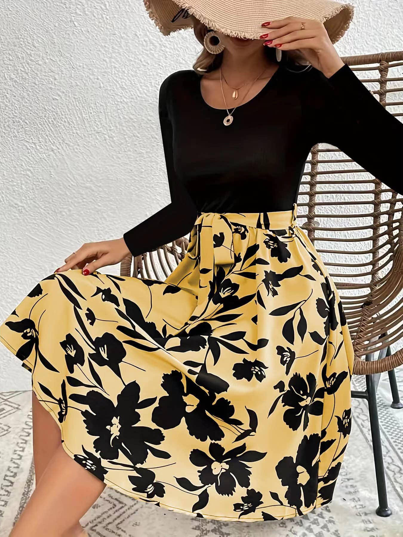 PRINTED SKIRT CREW NECK STRAPPY DRESS