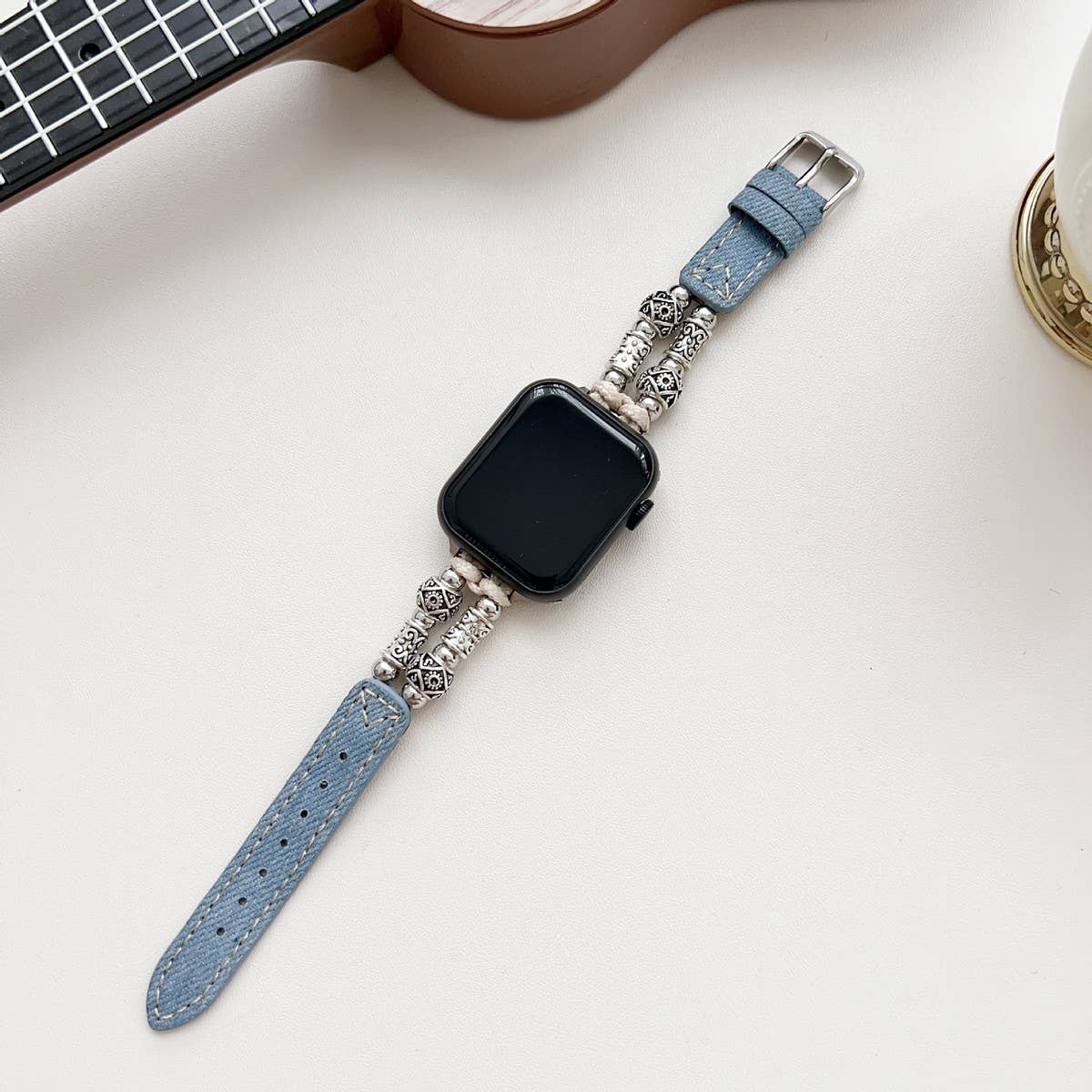 IWATCH9-1 14MM TIBETAN SILVER DENIM LEATHER STRAP