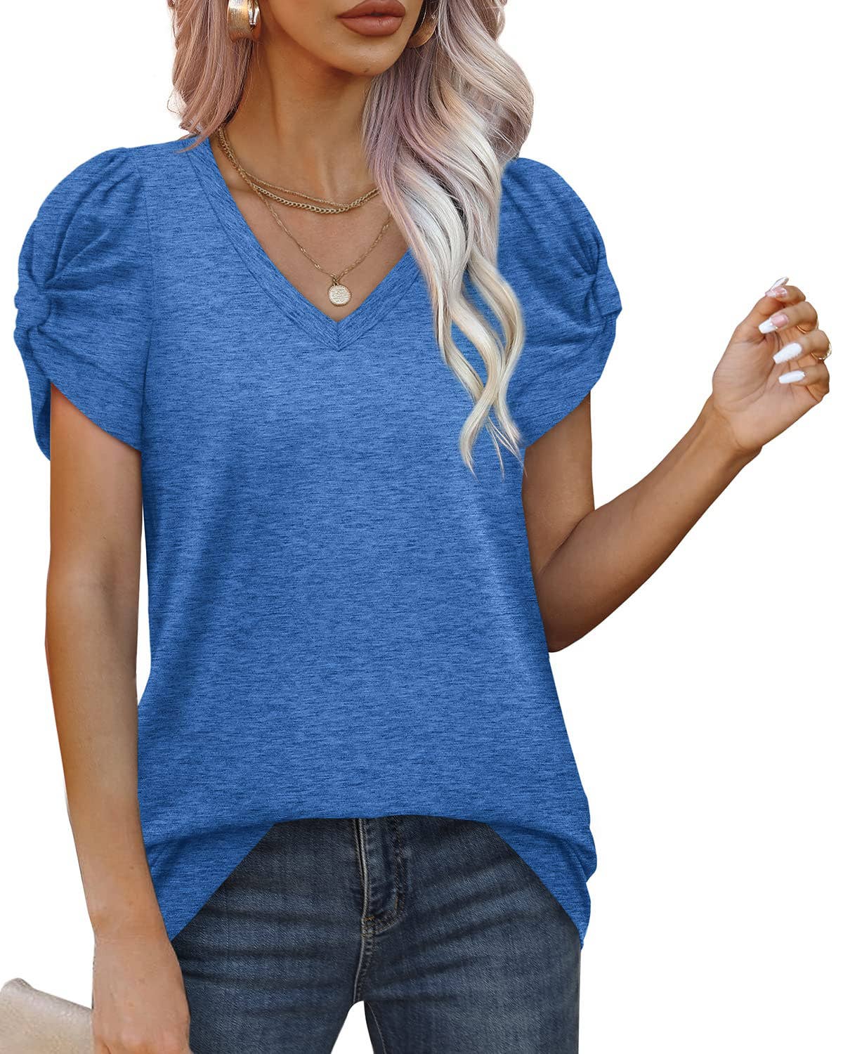 Solid color knotted V-neck short-sleeved blouse