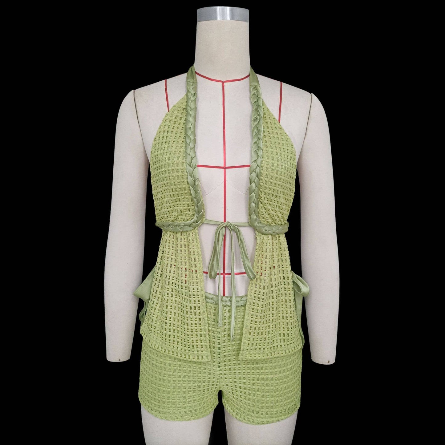 Knitted hollowed-out bikini top short skirt set