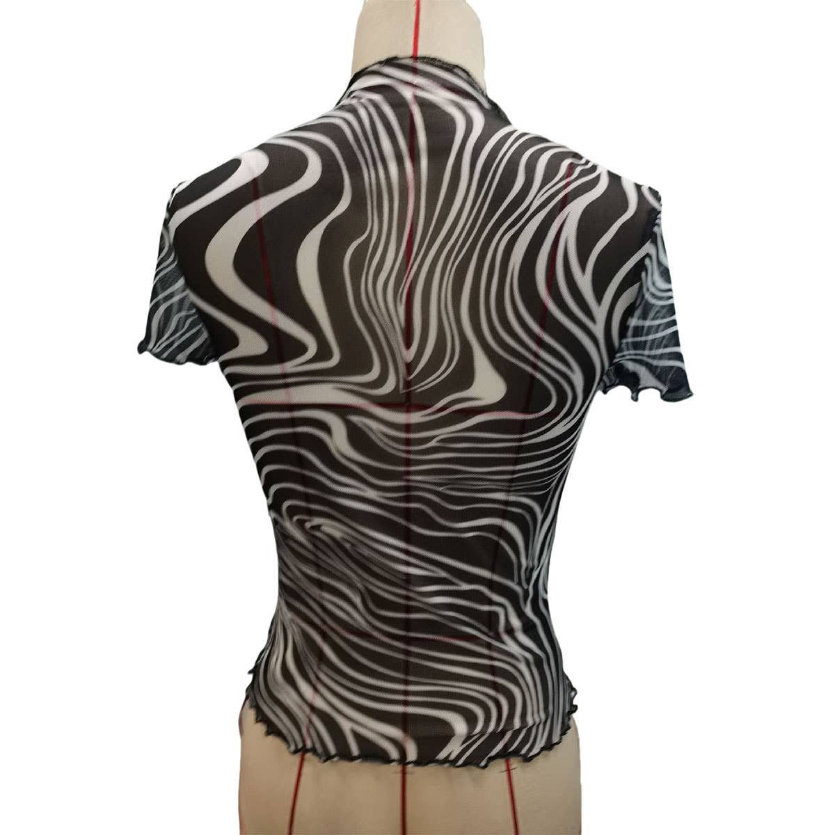 BLACK WHITE STRIPED SEMI SHEER MESH SHORT TOP_CWTBLS1511