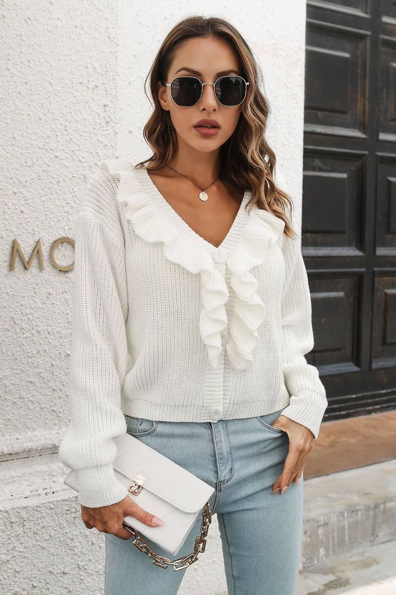 CWOCAL2062_FASHION RUFFLED LOOSE SWEATER CARDIGAN SHORT