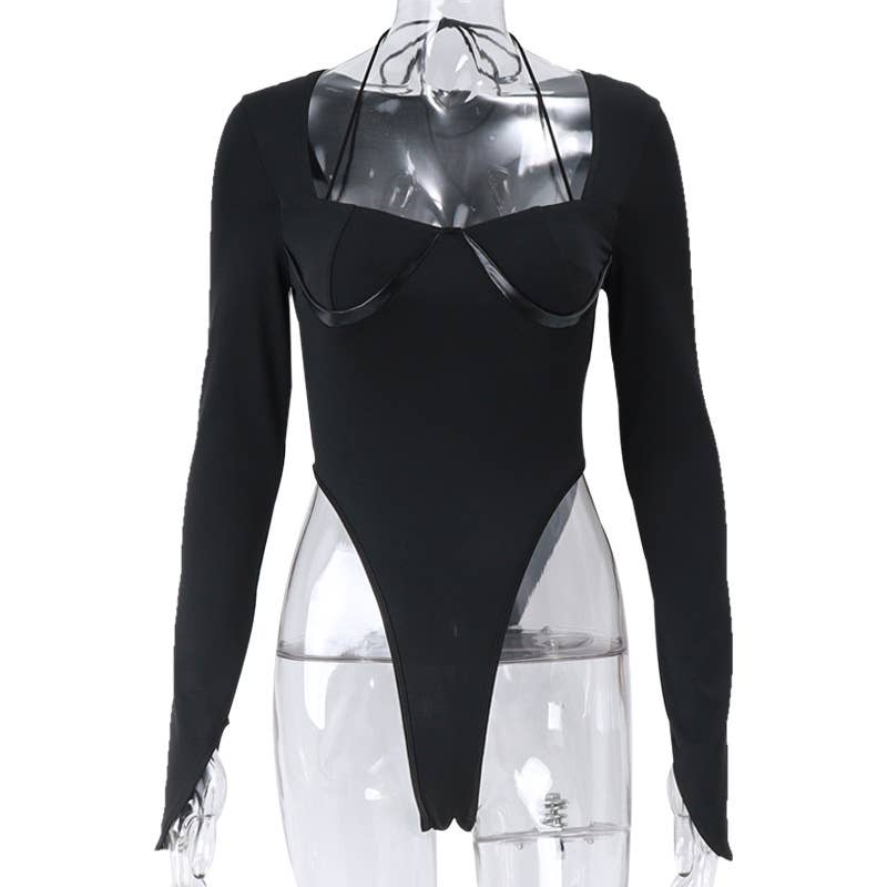 Long-sleeved solid-color jumpsuit with a neckline