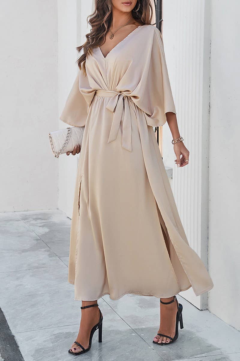 CWDMD1334_V-Neck 3/4 Sleeve With Belt Maxi Dresses