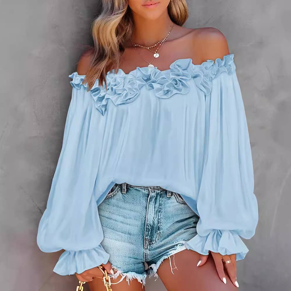 SEXY SOLID COLOR RUFFLED SHOULDER TOP