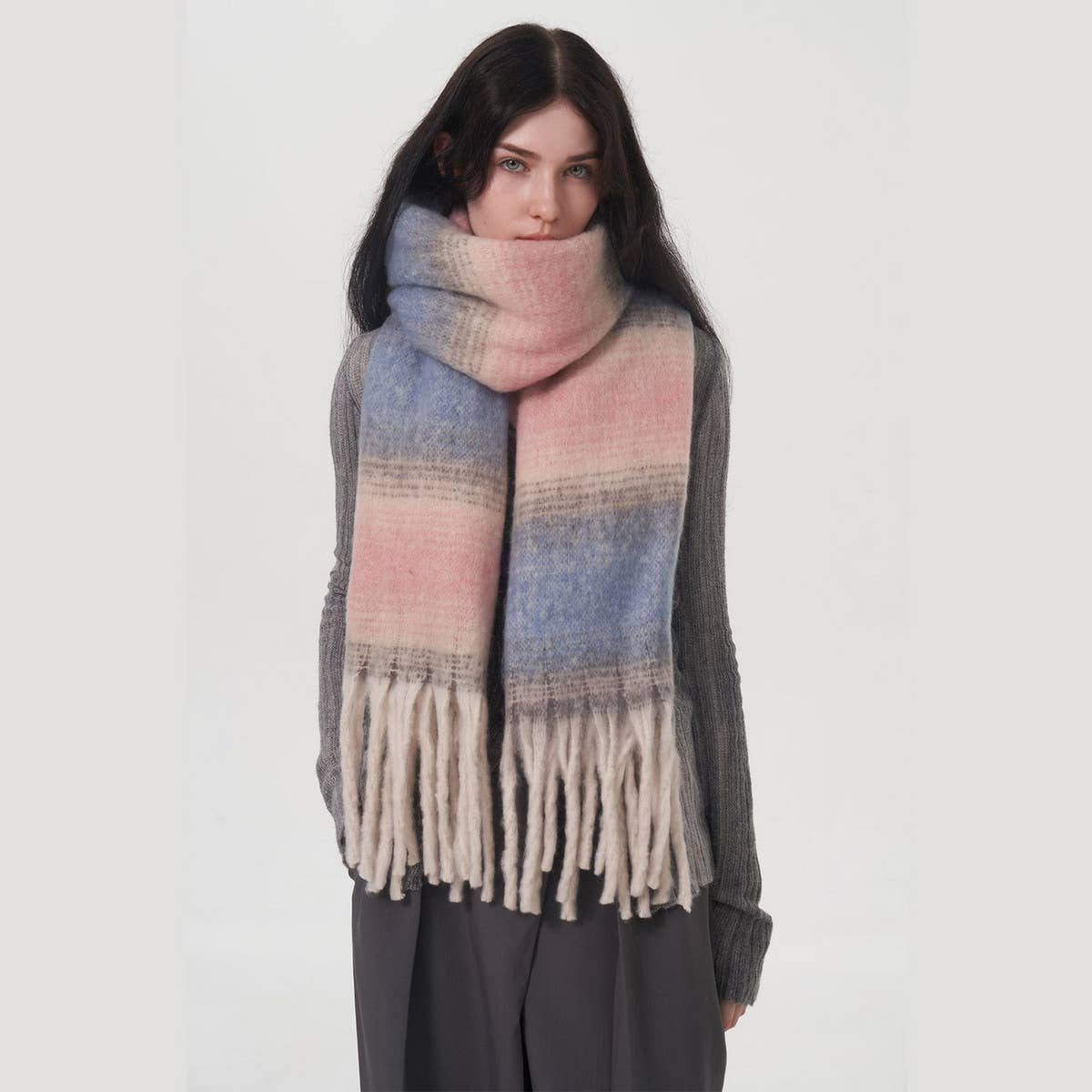 Plaid Stripe Scarf ??Wide Faux Cashmere Wrap_CWASC0333