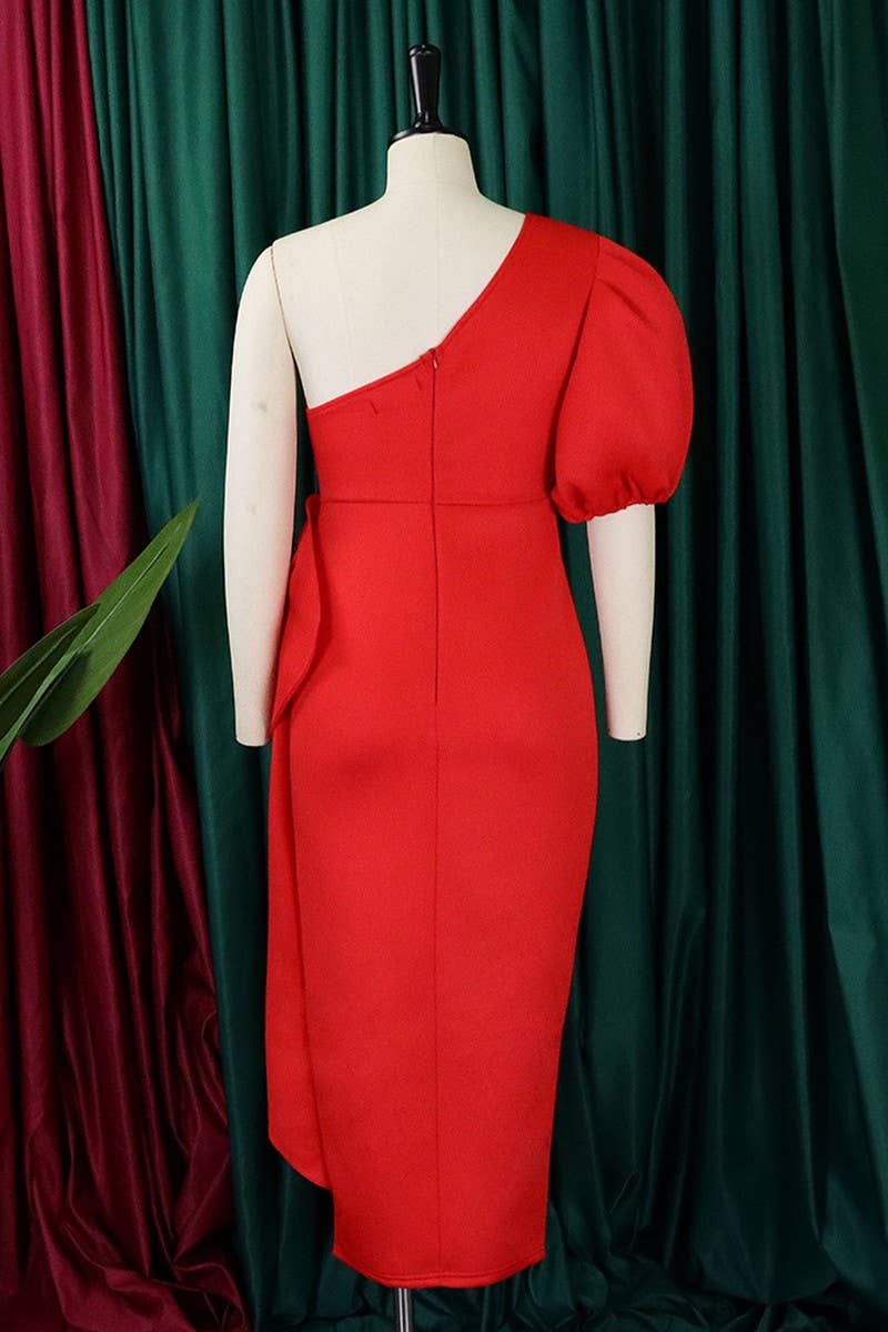 CWDMD1731_PLUS SIZE SLOPE NECK SLIT RUFFLED MIDI DRESS