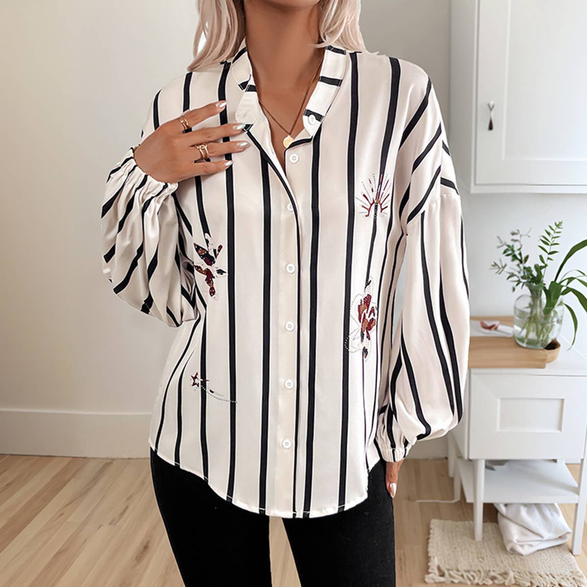 Stand-up collar long-sleeved striped shirt