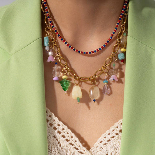 Fashion Beaded Steel Necklace with Stone Pendant_CWMM8842