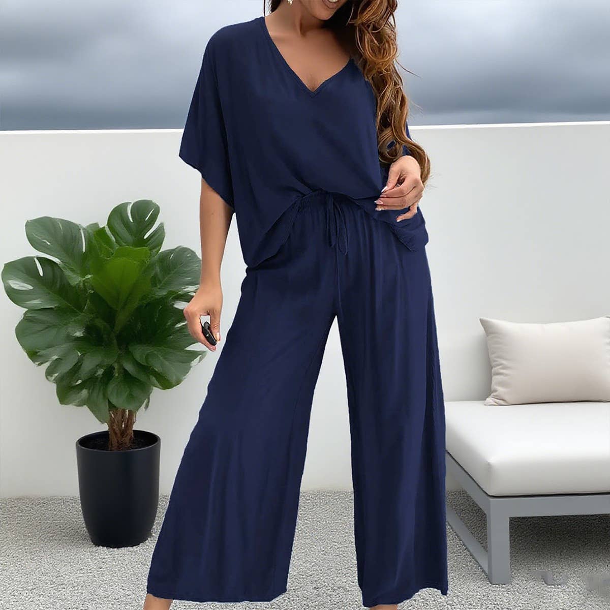 V-neck bat-sleeve loose wide-leg pants set