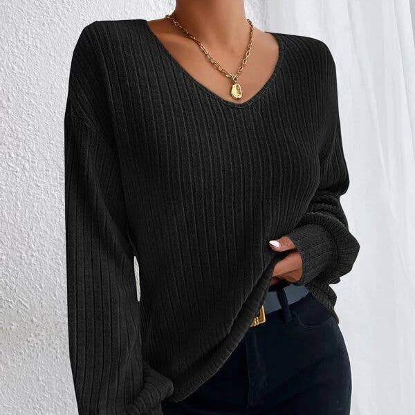 V-NECK DROP SHOULDER SLEEVED T-SHIRT LOOSE KNIT