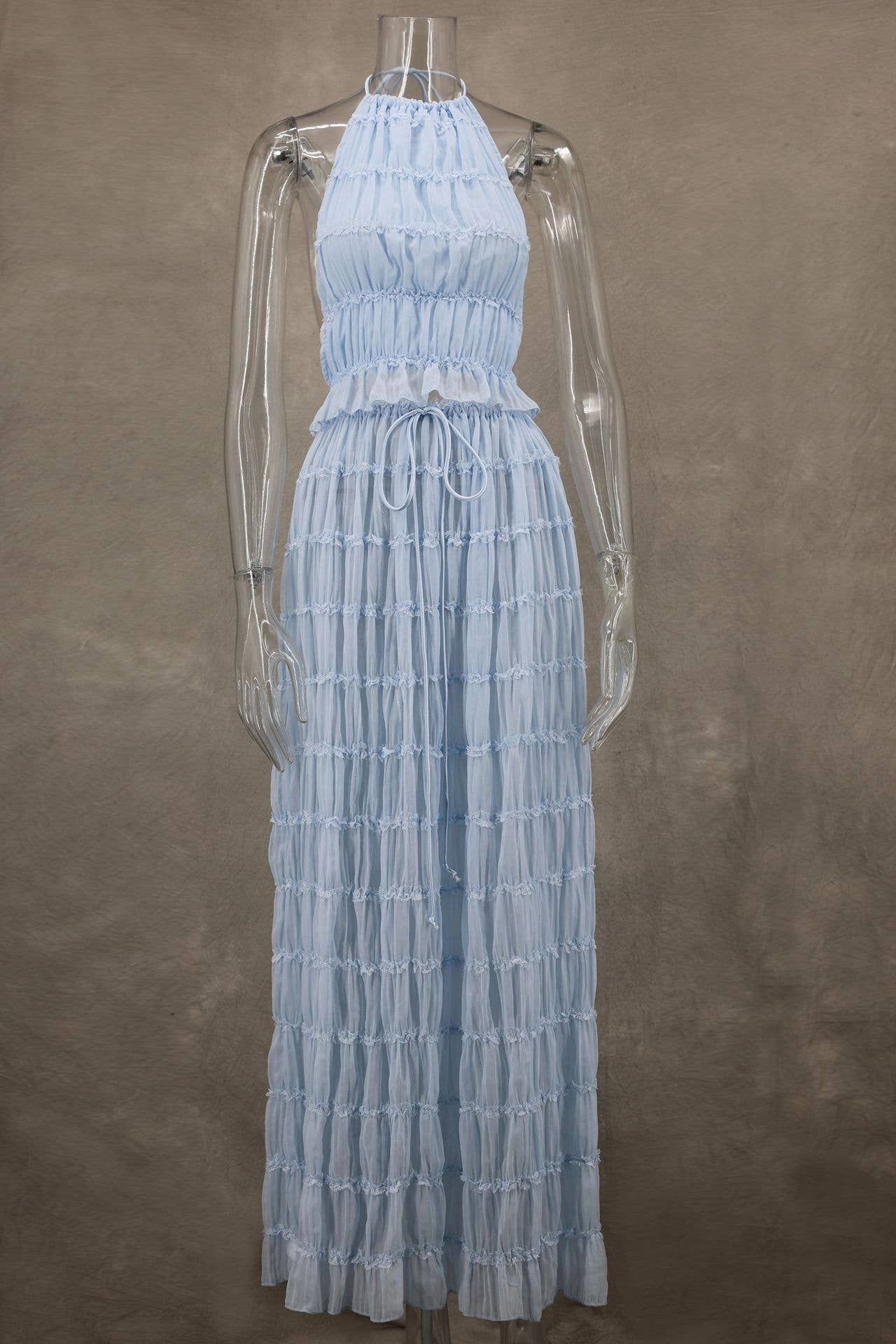 Sexy Backless Halter Lace Trim Cami Maxi Set