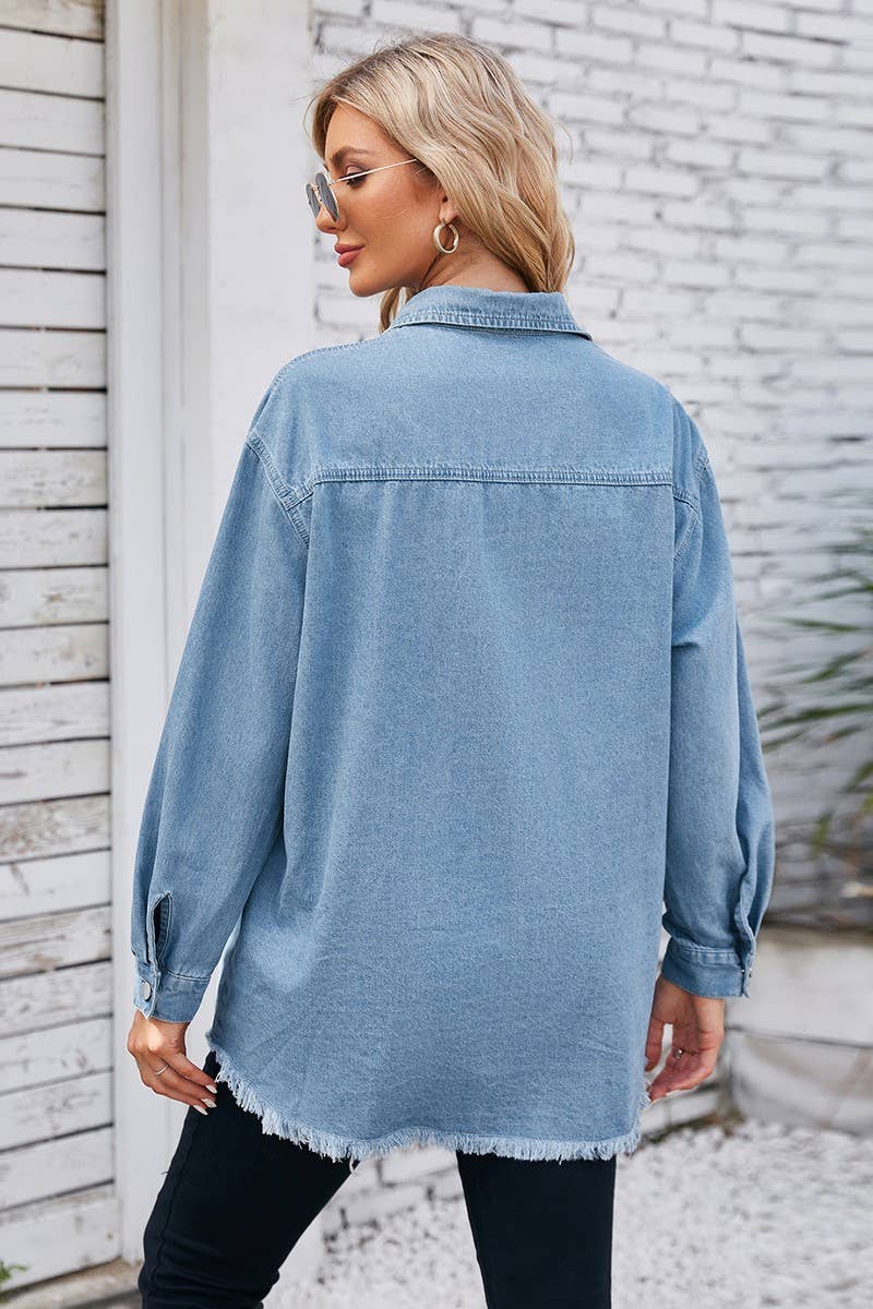 CWJT00079_WASHED RAW EDGE LONG SLEEVE LAPEL DENIM TOP