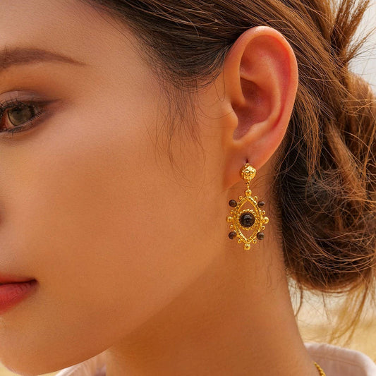 LIGHT LUXURY LACE HOLLOW TIGER EYE STONE EARRINGS