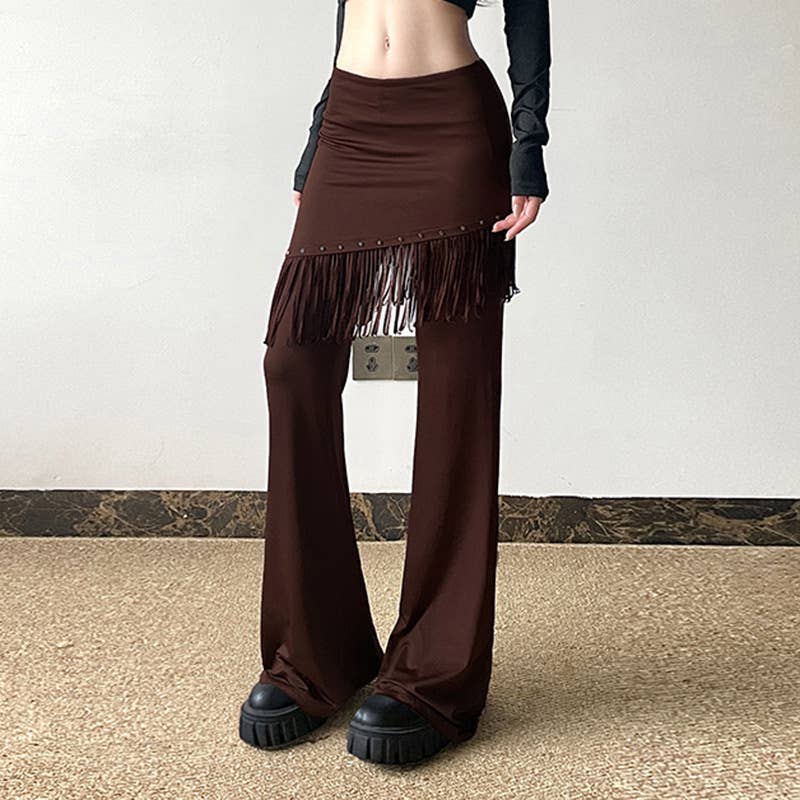 SOLID COLOR CASUAL BELL BOTTOMS WITH FRINGE DROP