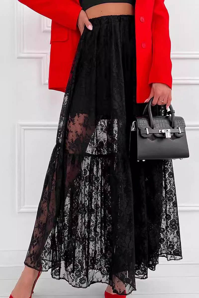 CWBLS0364_HIGH WAIST LACE JACQUARD HOLLOW MAXI SKIRT
