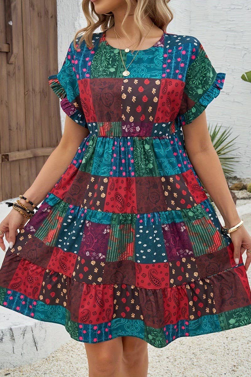 CWDSD10878_RUFFLE SLEEVE KNEE LENGTH VACATION DRESS