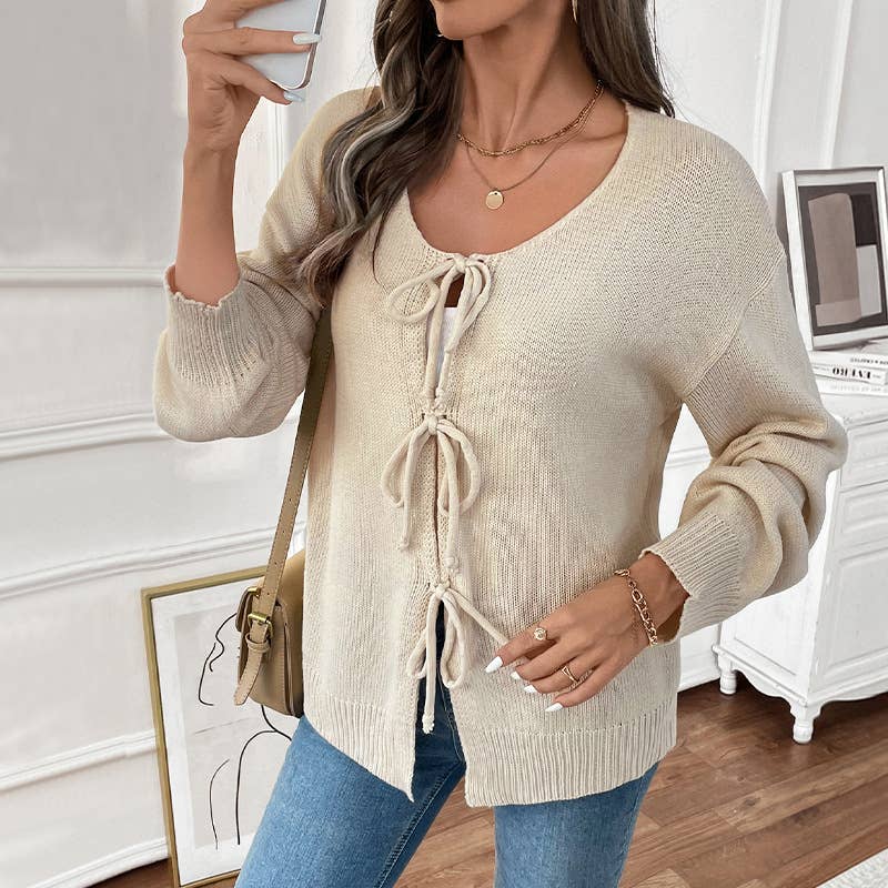 ROUND NECK SOLID COLOR BOW TIE CARDIGAN COAT