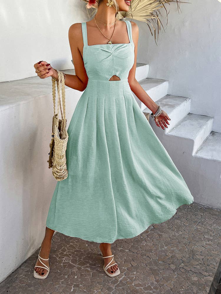 Holiday-chic solid color high-waisted dress