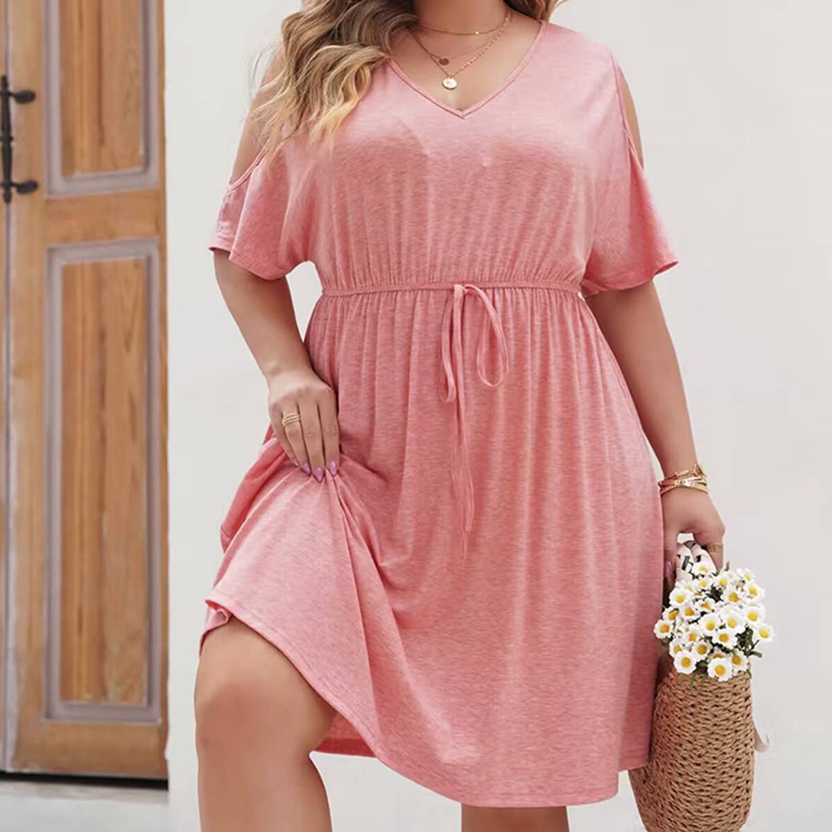 WOMEN'S PLUS SIZE V NECK LACE UP LOOSE DRESS_CWDSD3144