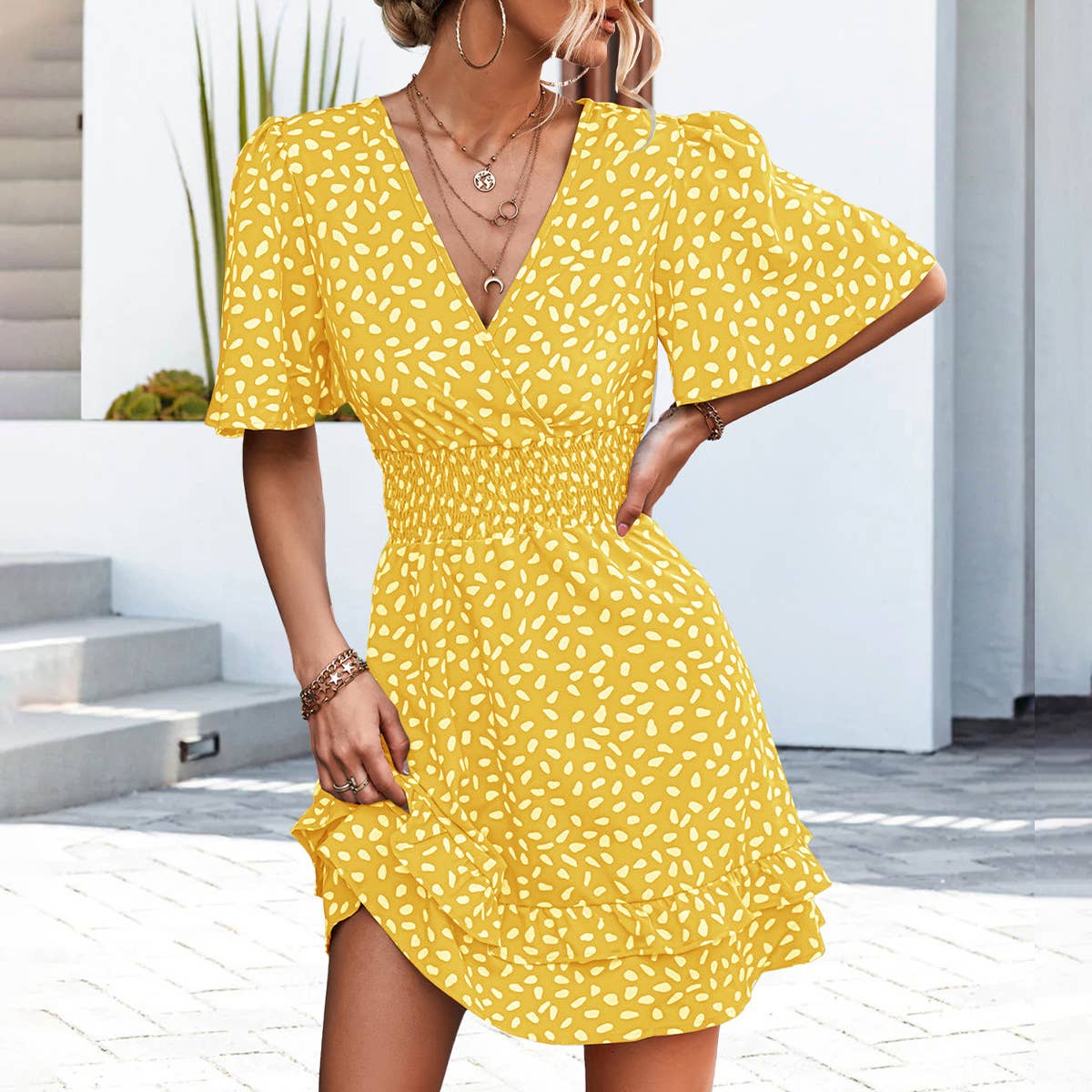 V-NECK DRESS WITH PINCHED SLEEVES