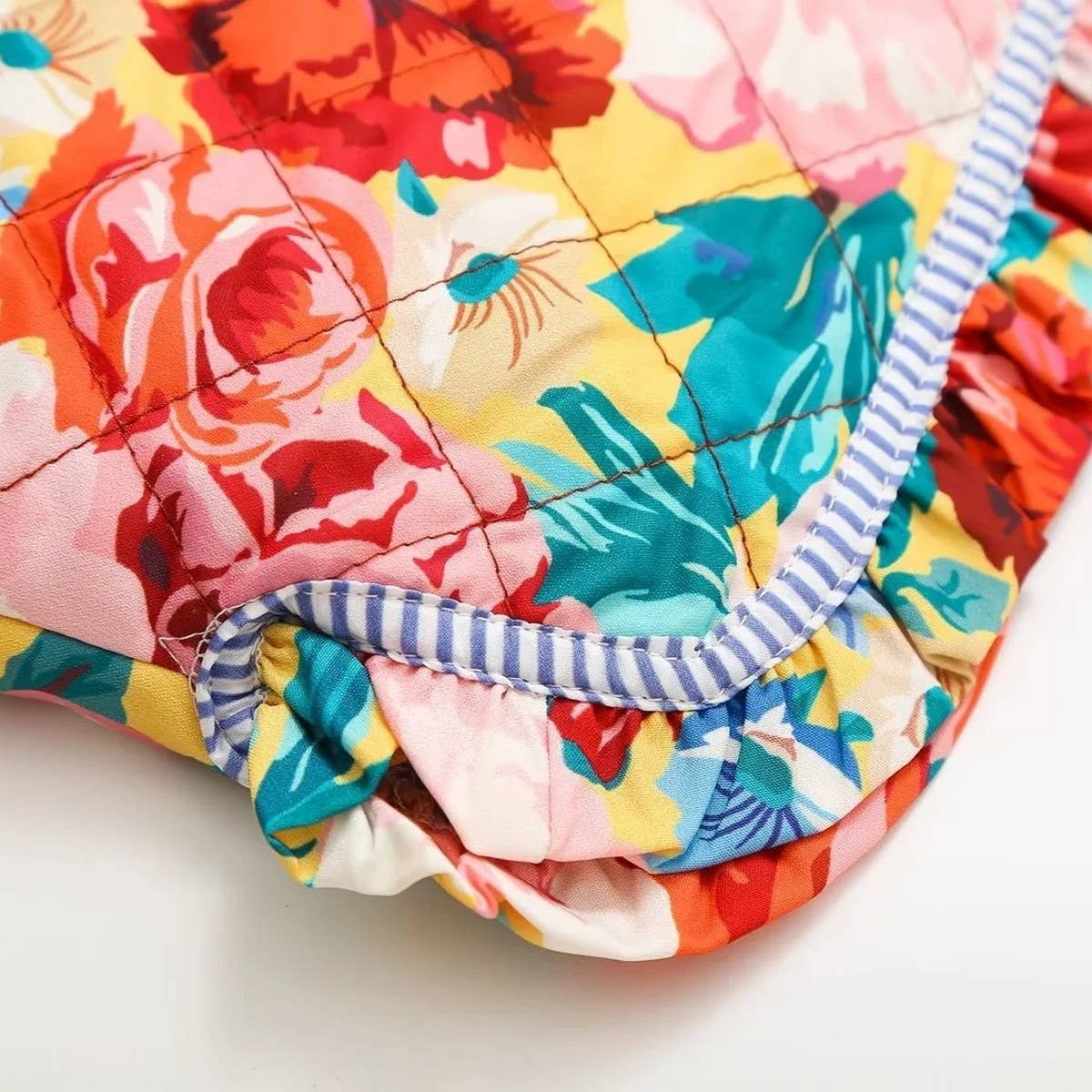 FLORAL PRINT CREW NECK PUFF SLEEVE QUILTED JACKETS