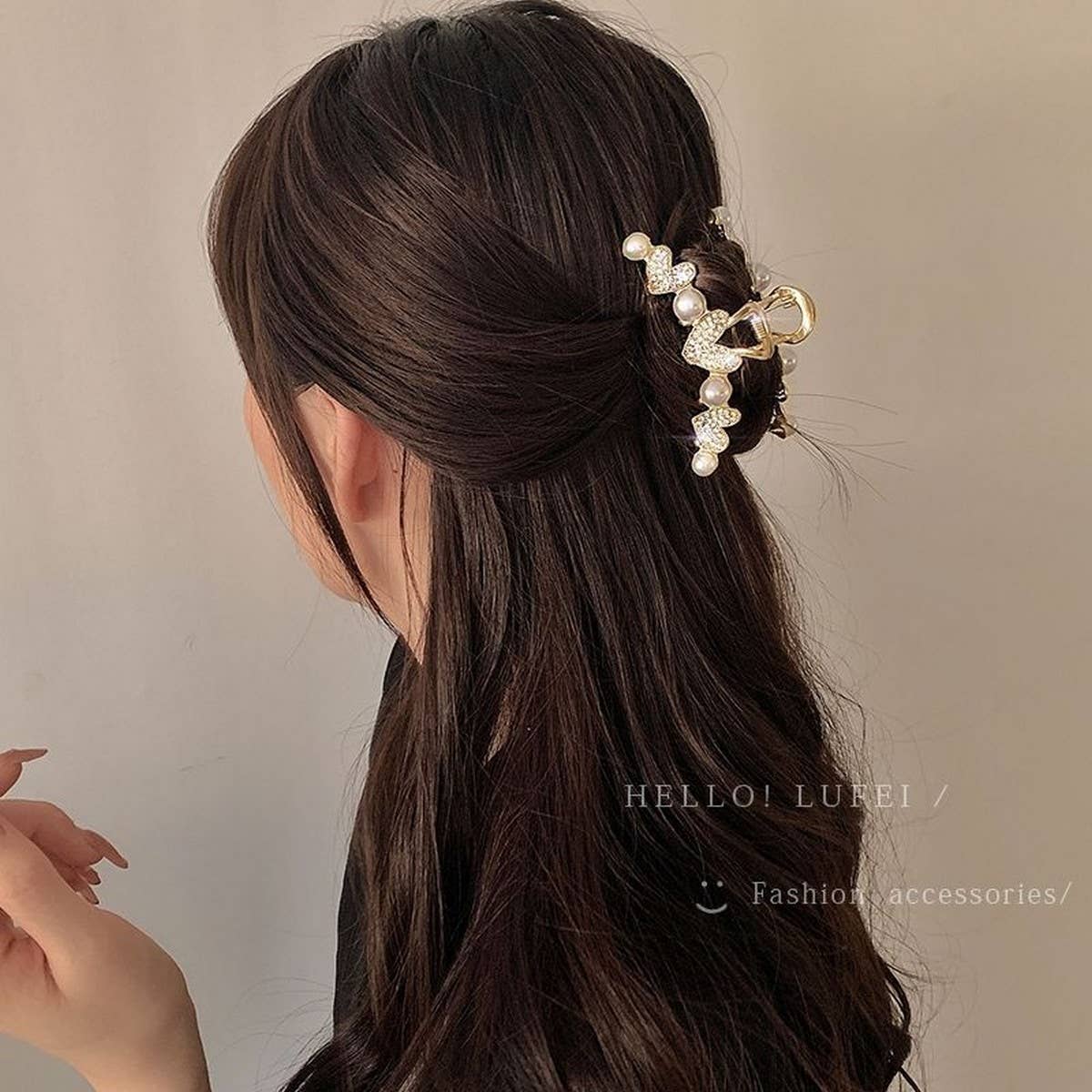 FULL DIAMOND HEART PEARL SHARK CLIP HAIRPIN