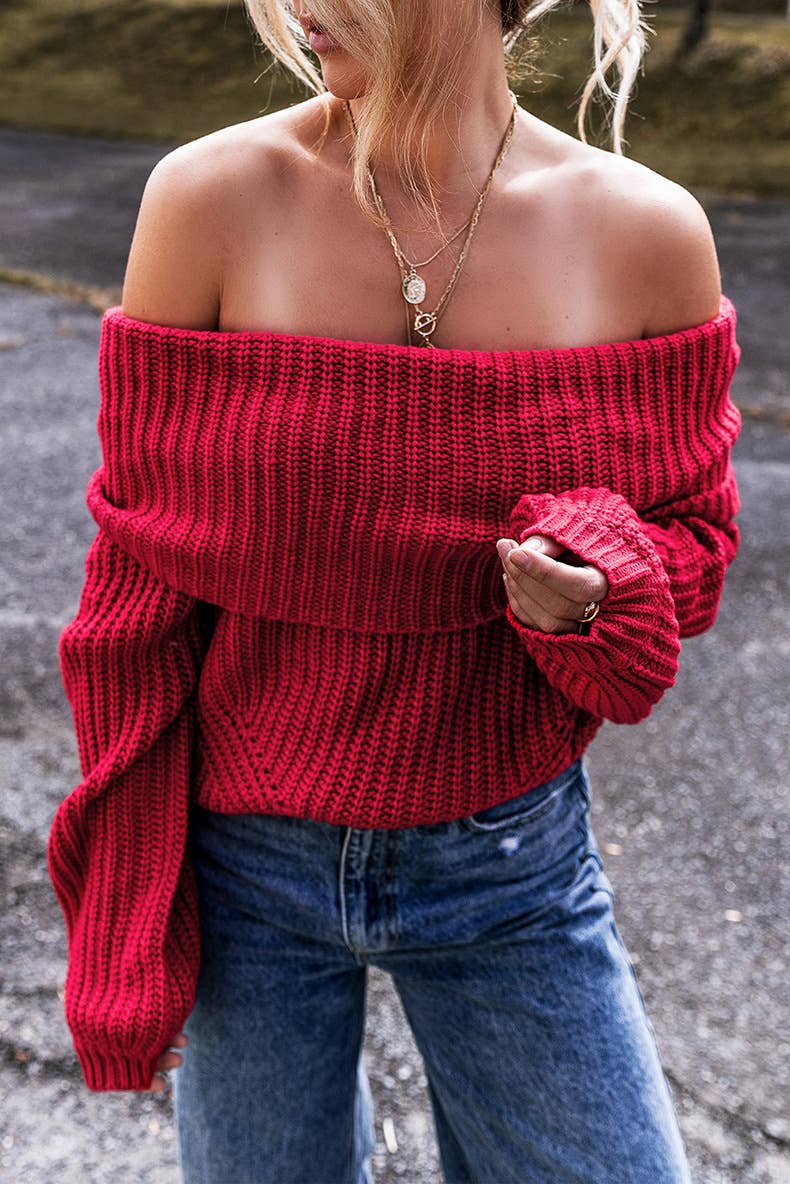 TREND LOOSE SOLID COLOR OFF-THE-SHOULDER SWEATER